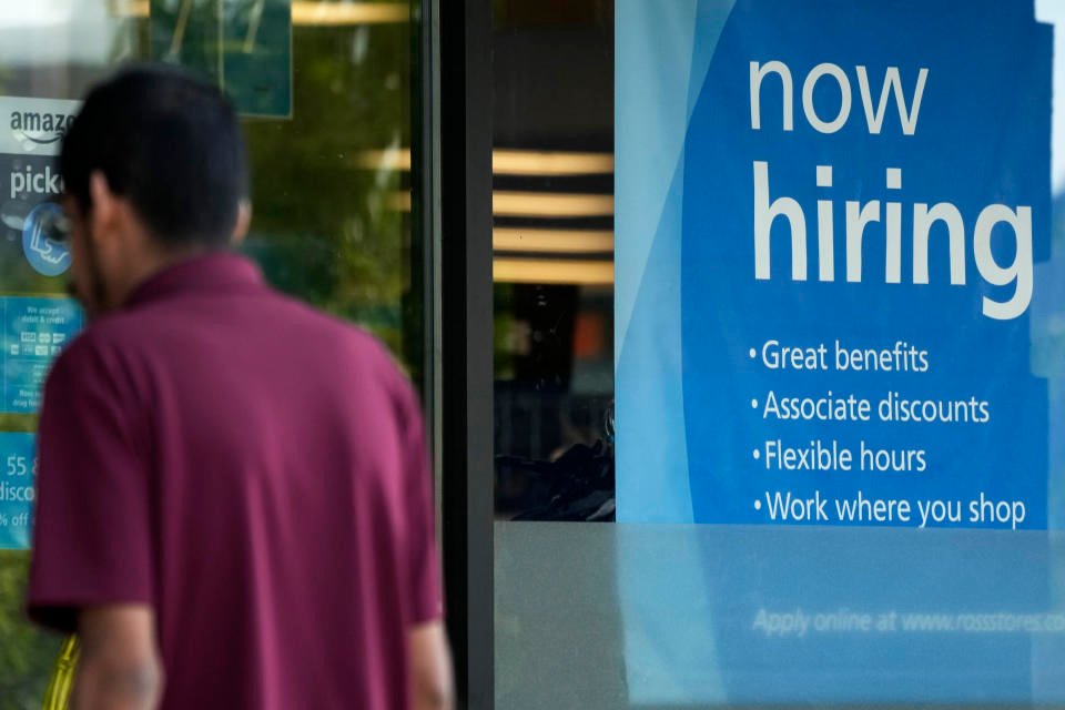 CORRECTS MONTH HIRING DECELERATED FROM JUNE TO JULY - FILE - A hiring sign is displayed at a retail store in Schaumburg, Ill., July 10, 2024. U.S. hiring decelerated sharply in July in the face of high interest rates as employers added a weak 114,000 jobs. (AP Photo/Nam Y. Huh, File)