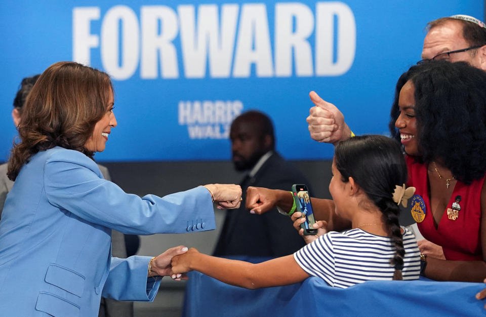 U.S. Vice President and Democratic presidential candidate Kamala Harris greets supporters, at the Hendrick Center for Automotive Excellence in Raleigh, North Carolina, U.S., August 16, 2024. REUTERS/Kevin Lamarque