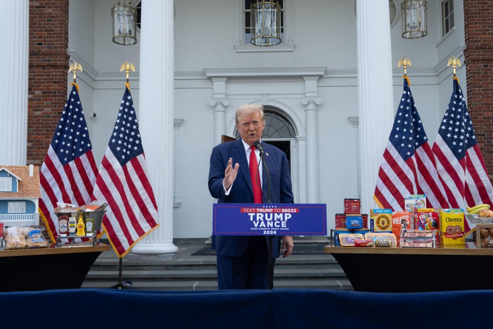 BEDMINSTER, NEW JERSEY - AUGUST 15: Republican presidential candidate, former U.S. President Donald Trump holds a news conference outside the Trump National Golf Club Bedminster on August 15, 2024 in Bedminster, New Jersey. Trump's campaign leaders announced they were expanding his staff as the reelection campaign heads into its final few months. (Photo by Adam Gray/Getty Images)